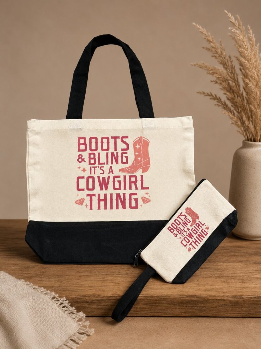 NWT Boots & Bling Cowgirl Tote Bag and Cosmetic Bag Set | Western Boutique Bag
